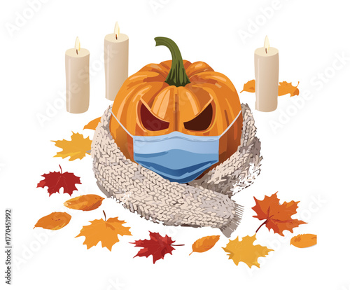 Illustration of a responsible jack-o'-lantern wearing a blue protective face mask surrounded by lit candles and colorful fallen autumn leaves
