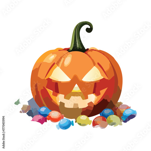Illustration of a greedy glowing jack-o'-lantern with an open mouth surrounded by a large pile of scattered colorful halloween candies