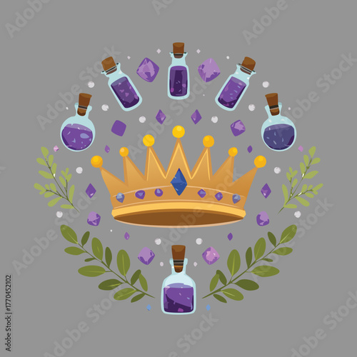 Illustration of a circular arrangement of purple potion bottles, lavender flowers, and a golden crown, symbolizing enchantment