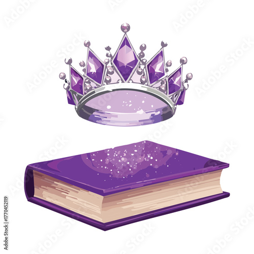 Illustration of a purple crystal princess tiara crown resting next to a thick purple fantasy book, symbolizing stories