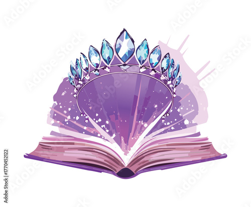 Illustration of an elegant purple crystal tiara crown emerging from an open book with vibrant watercolor splash effects