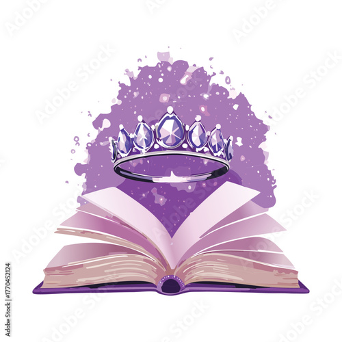 Illustration of a mystical purple watercolor crown emerging from an open book, symbolizing magic and knowledge