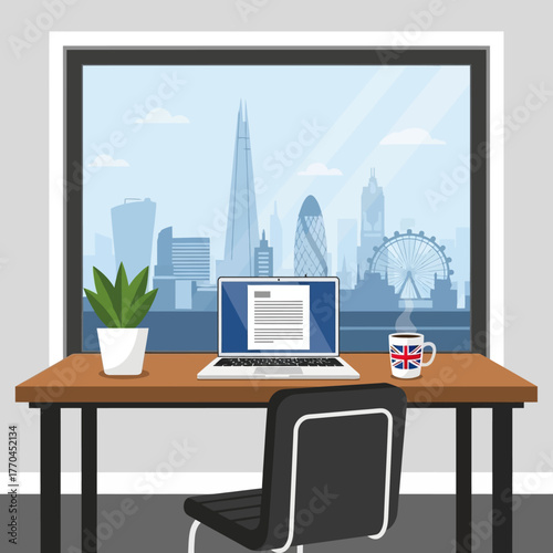 Illustration of a modern office desk with laptop and city view through large window in daytime with green plant and tea cup.