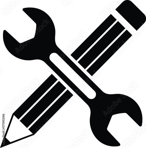 Black pencil and wrench crossed icon on white background tool writing
