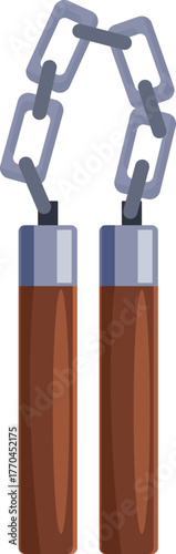 Traditional japanese nunchaku weapon is shown with two wooden handles connected by a metal chain