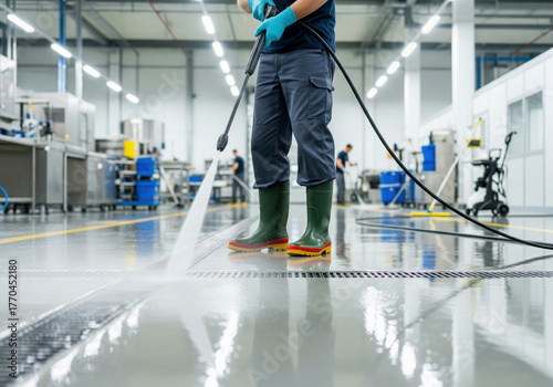 Professional cleaner sanitizes a modern food production facility floor using a high-pressure washing machine for optimal hygiene.