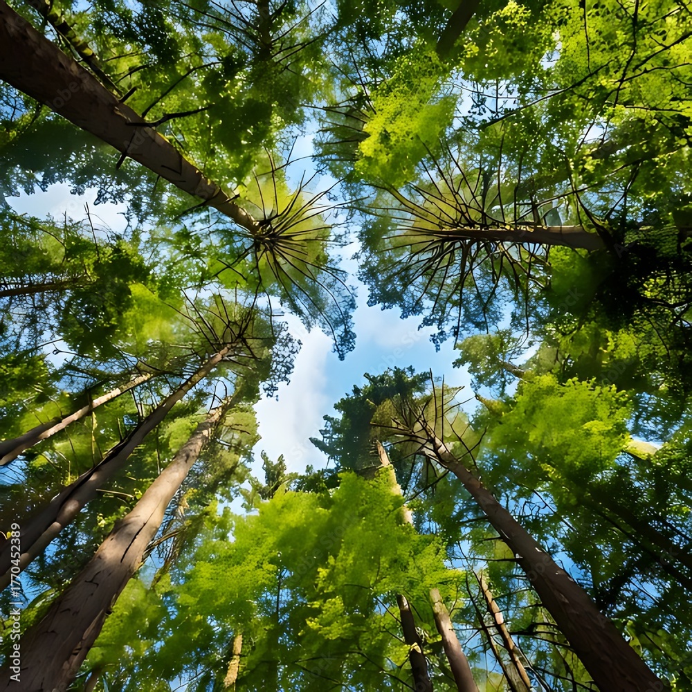 Fototapeta premium An upward gaze through a dense forest canopy, revealing the sky and lush green foliage. Tall, slender trees reach up