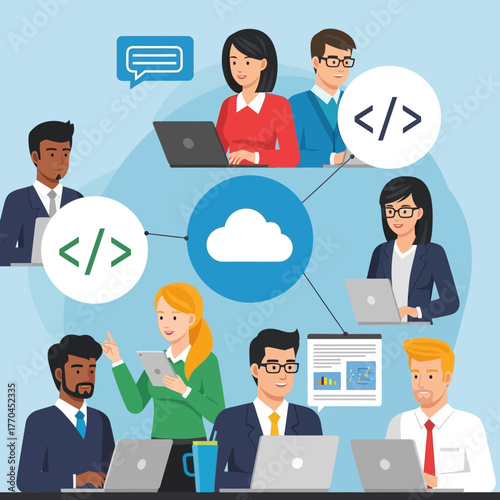 Illustration of diverse business professionals collaborating on laptops with cloud computing and coding symbols in a light blue background.