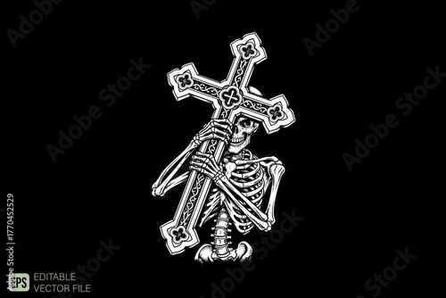 Skeleton embracing a cross in a solemn and spiritual pose.