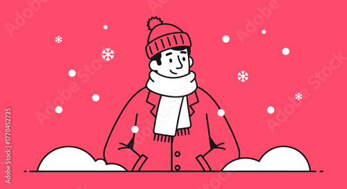 A cozy winter scene with a person dressed warmly in snowy weather illustration