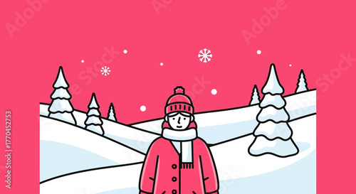 Stylized winter illustration portraying a person amid snowy hills and stylized trees