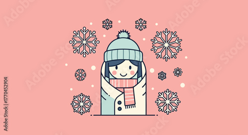 Illustration of a girl in winter clothes surrounded by snowflakes on pink background