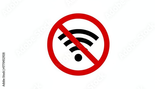 Red signal icon with a diagonal line indicating no wireless connection, symbolizing internet problems, network issues, or a forbidden digital connection