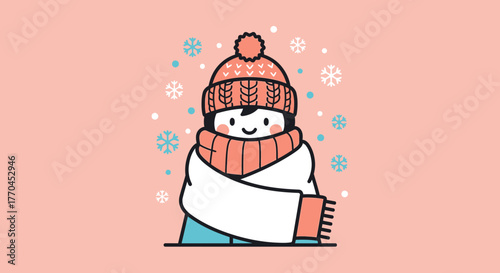 Stylized winter illustration of a person bundled in warm clothing and snowflakes falling gently