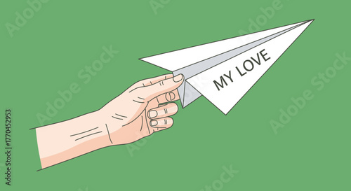 A paper airplane with the words 'my love' written on it symbolizes affection and hope