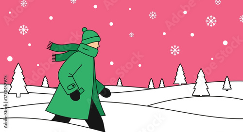 Winter stroll through a snow-covered landscape with falling snow and distant trees