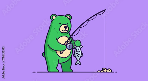 Whimsical illustration of a green bear successfully fishing against a serene purple backdrop