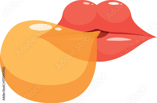 Orange bubblegum bubble inflated from red glossy lips making a kissy face