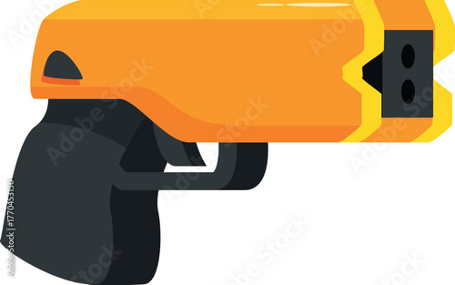 Futuristic handgun isolated on white background, featuring an orange body and black handle