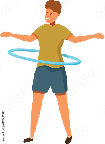 Smiling young man doing hula hoop exercise, promoting active lifestyle, fitness, and playful recreation