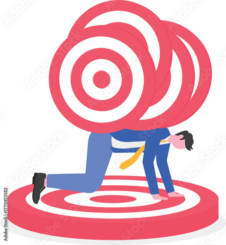 A businessman feels sad sitting on a target board with a pile of target boards pressing on his body,
