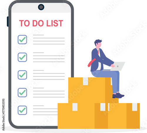 Businessman holding a to do list board beside a package box illustration of standard operating procedure in logistics business
