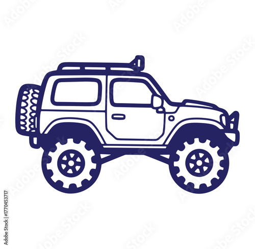 Illustrative vector drawing of a blue off road suv car with large tires and accessories