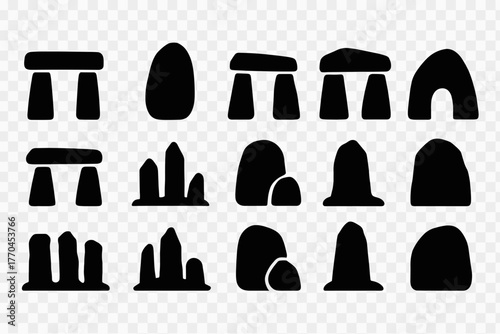 Stone Icons. Solid, filled icons set of mystical stone sites and natural monuments: standing stone. Vector icon.