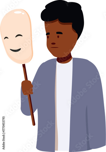 Sad young man holding a happy mask, hiding his true emotions