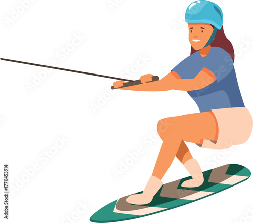 Young woman wakeboarding, holding handle, enjoying extreme water sport activity