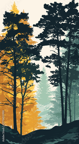 Autumn landscape in a pine forest. Pine trees against a backdrop of spruce trees. Poster advertising nature hikes.