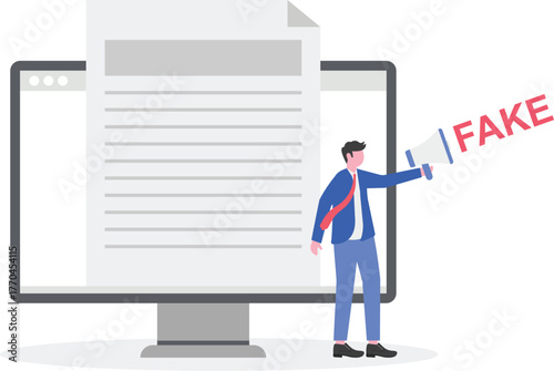 Businessman holding sign with fake next to envelope with document paper illustration of warning against spreading false information
