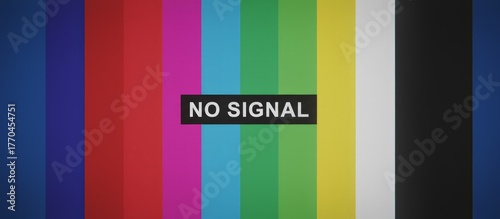 Television screen displaying colorful test bars and a no signal message, symbolizing technical issues, broadcasting interruption, communication breakdown, and digital error