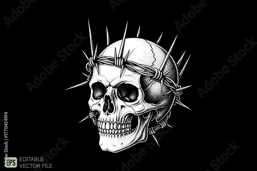 Skull with Barbed Wire Crown Vector Illustration on Black Backgr
