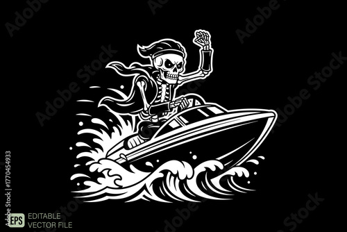 Skeleton Riding a Jet Ski on Waves in Black and White.