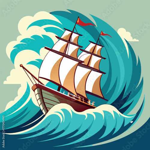 Colorful sailing ship on ocean waves, orange and white sails, dynamic sea, blue sky with clouds, vector illustration style.