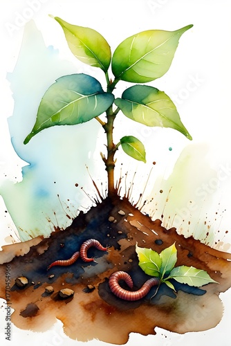 Watercolor painting of a plant growing with worms in the soil illustration art