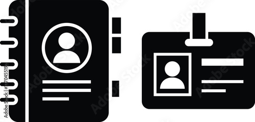 Black icon of a personal address book and an I D badge white contact list