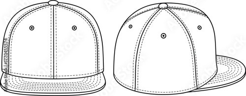 Baseball cap technical flat sketch, front and side view, detailed stitching, vector CAD drawing, fashion accessory design illustration template