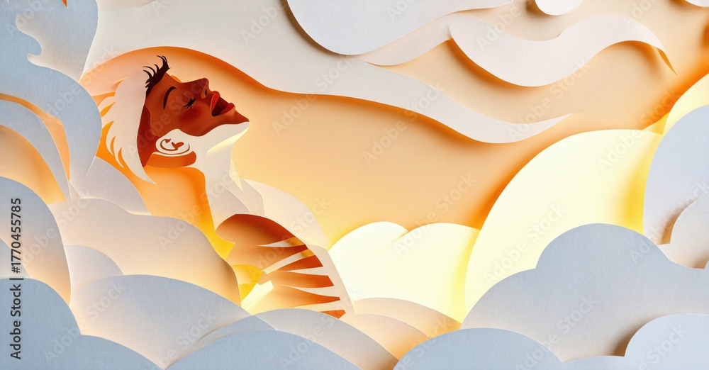 Naklejka premium Papercut style portrait depicts woman relaxing. Warm tones suggest sun, clouds, peacefulness. Artistic, layered composition creates depth.
