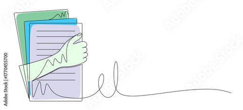 Continuous line art of a hand holding a book. Concept of a student. Vector illustration with attractive colors.