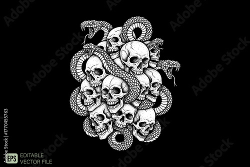 Intricate Pile of Skulls and Coiled Snakes Illustration.