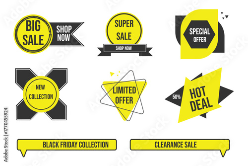 Yellow sale badges set for discounts and special offers.Ideal for online shops,banners,ads,social media and marketing.Fully editable vector graphics.Change text,colors and size instantly anywhere