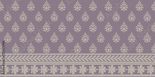 Indian ethnic pattern with elegant floral motifs and decorative border soft beige muted purple background creates beautiful traditional design