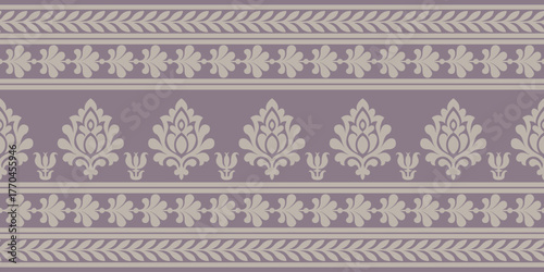 Indian ethnic pattern with elegant floral and leaf motifs in soft beige on muted purple background creating beautiful traditional design