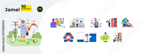 Middle eastern man for work and daily life cartoon flat illustrations mega bundle. Farming, car accident, business analysis, technology 2D images isolated on white. Collection vector drawings colorful