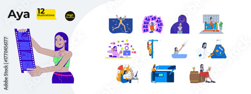 Arab woman character with jobs, mental health, exercise cartoon flat illustrations mega bundle. Social media, deadline, science, ads 2D images isolated on white. Collection vector drawings colorful