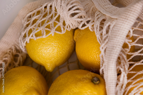 Trendy Net Bag with Lemons – Minimal Fashion Composition on White Background