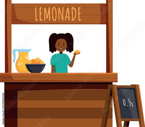 Girl holding lemon slice at lemonade stand with pitcher, bowl of lemons, and price sign