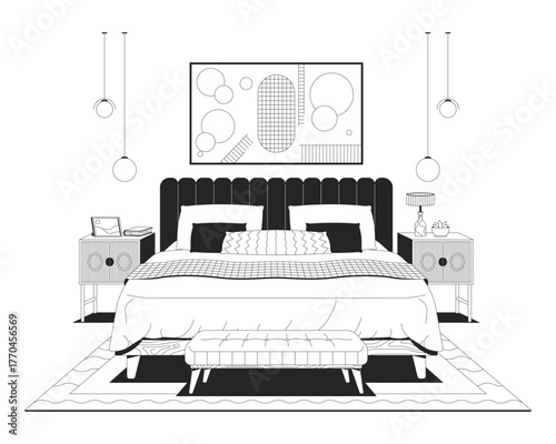 Eclectic bedroom with decorative art and cozy textiles outline illustration. Pendant lights, bedding pillows, upholstered bed rug 2D line scene isolated on white. Monochrome vector ink linear image